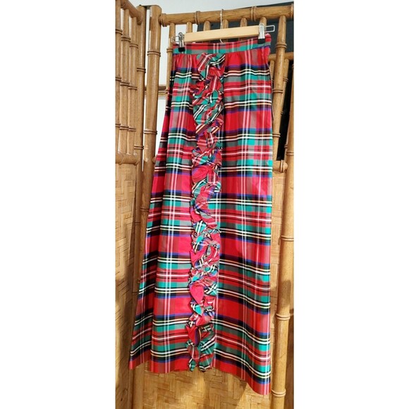 VTG Maxi Taffeta Plaid Long Christmas Holiday Hostess dress skirt 70s XS - Picture 3 of 10